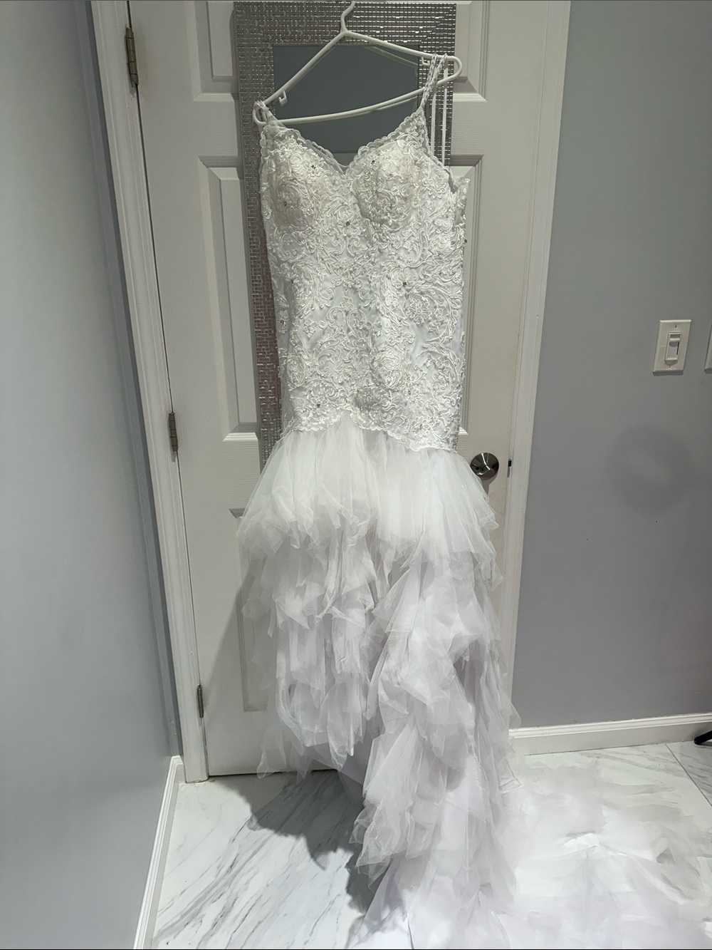 Custom Embellished Lace Bodice Tulle Ruffle Mermaid Wedding Gown
